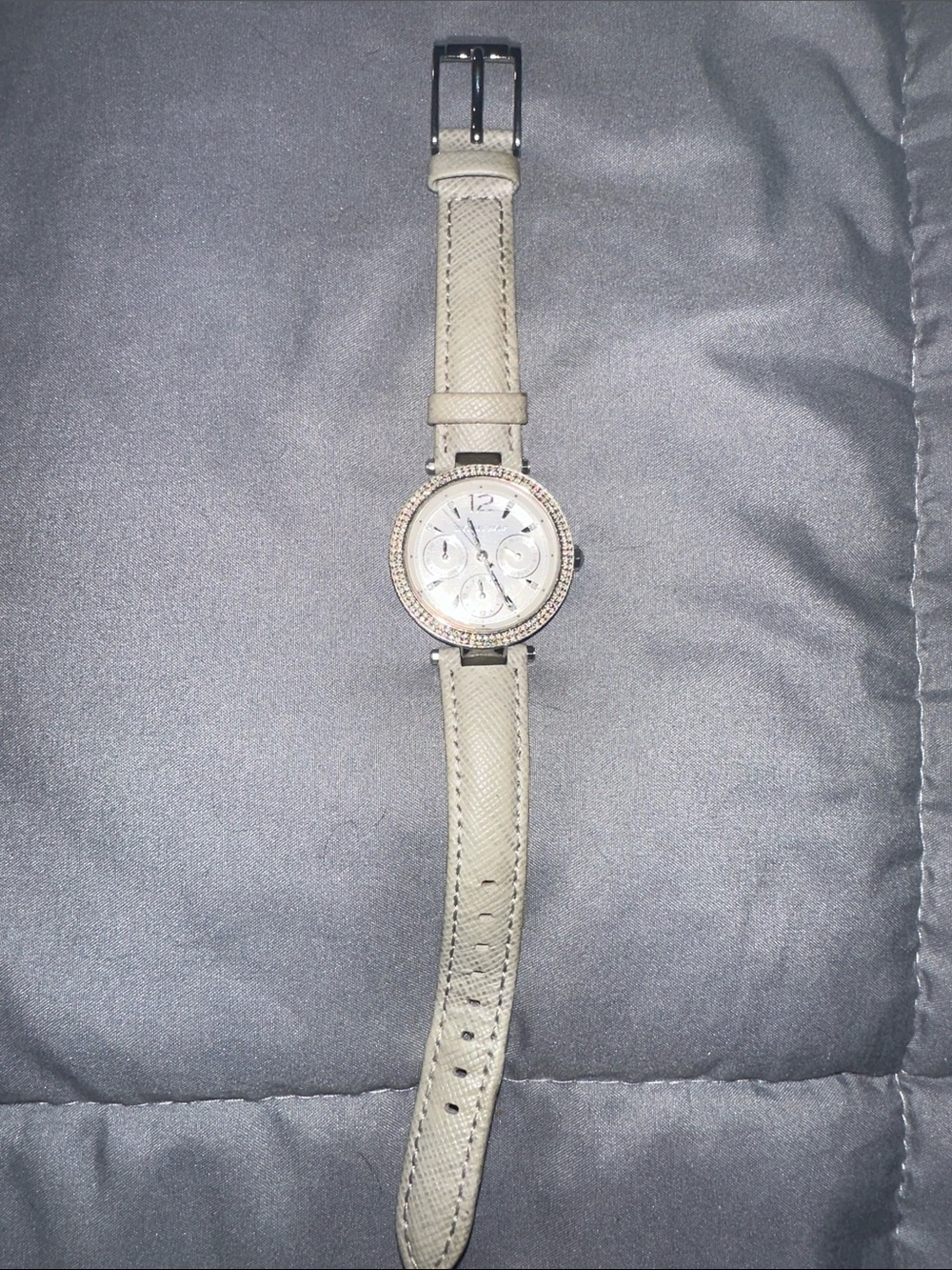 Michael Kors Silver Dial Crystal Bezel Watch with Light Beige Strap